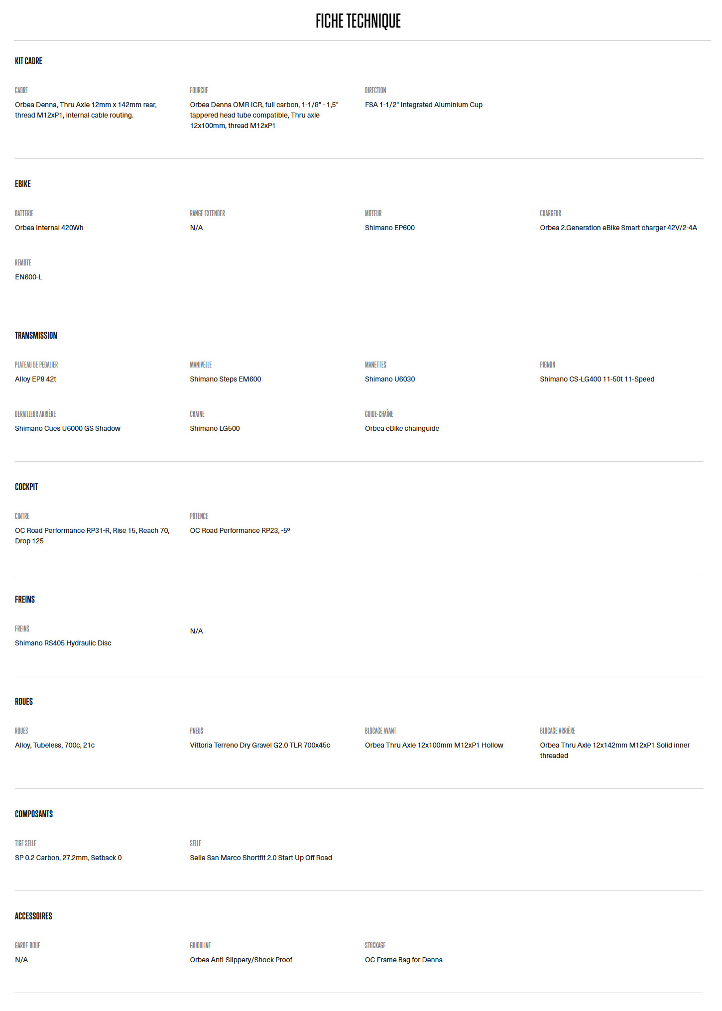 Caracteristique technique du Vélo électrique Denna H40 année 2025